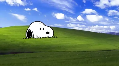 Snoopy peeking over a lush green hill under a blue sky for PC Wallpaper