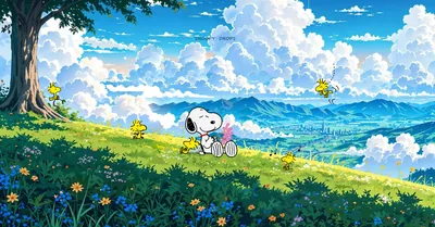 Snoopy and Woodstock relaxing on a scenic flowery hill for PC Wallpaper