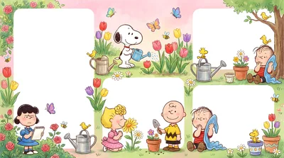 Snoopy, Charlie Brown and Lucy gardening in a spring frame for PC Background