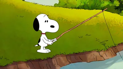 Snoopy fishing by the riverbank on a beautiful sunny day for PC Background