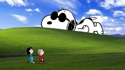 Giant Snoopy as Joe Cool on a green hill with Lucy for PC Background