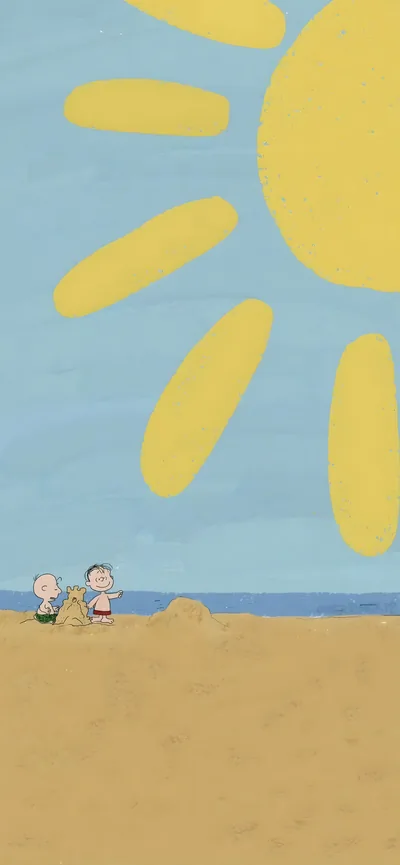 Charlie Brown and a Snoopy character building a sandcastle for iPhone Background