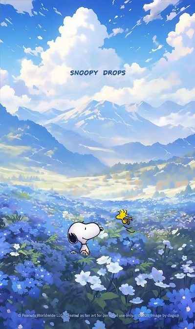 Snoopy and Woodstock in a scenic blue flower field for iPhone Wallpaper