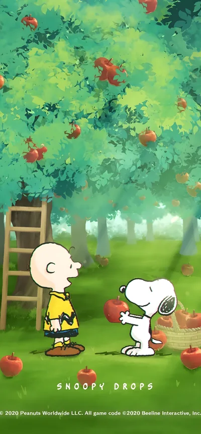Snoopy and Charlie Brown picking fresh apples for iPhone Background