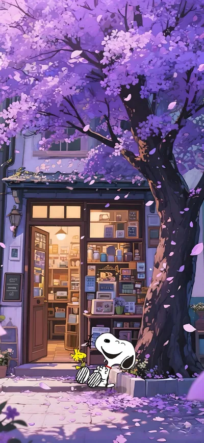 Snoopy and Woodstock under a purple blossom tree for iPhone Wallpaper
