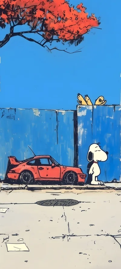 Snoopy standing next to a red sports car and Woodstock for iPhone Background