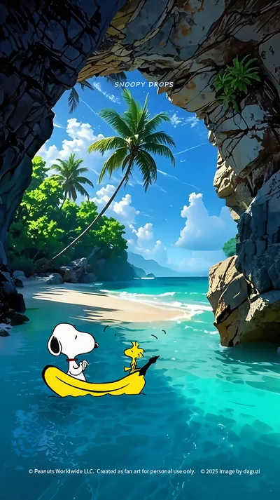 Snoopy and Woodstock in a banana boat on a tropical beach for iPhone Background