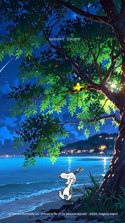 Snoopy walking on a starry night beach with Woodstock for iPhone Background