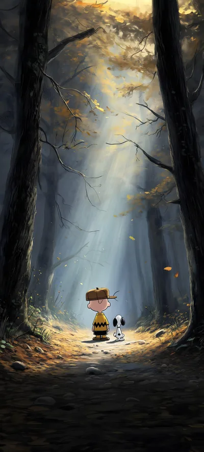 Charlie Brown and Snoopy standing in a sunlit forest for iPhone Wallpaper