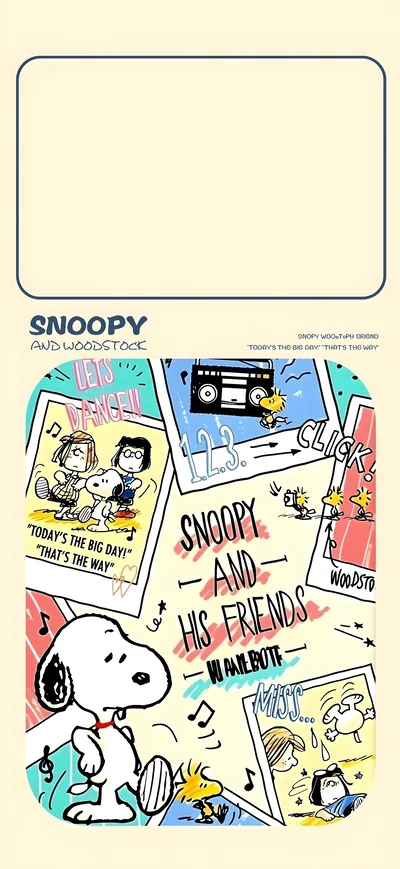 Snoopy and Woodstock dancing with friends in a collage for iPhone 4K Image
