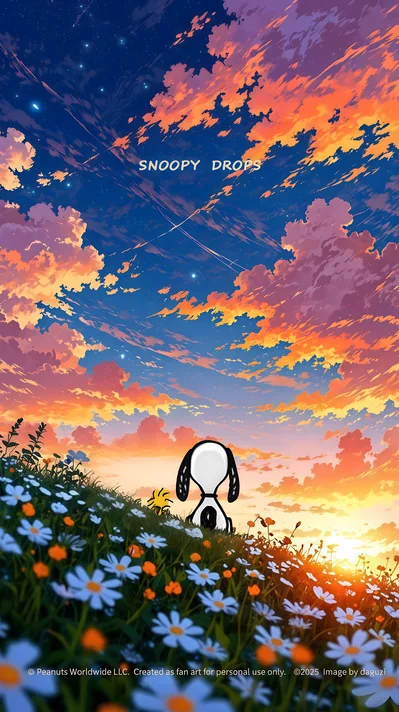 Snoopy and Woodstock in a beautiful sunset flower field for iPhone Wallpaper