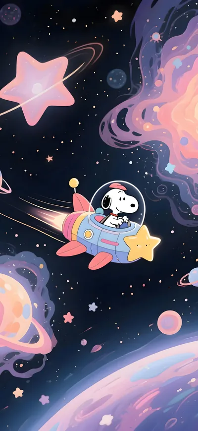 Astronaut Snoopy flying a rocket through a colorful galaxy for iPhone Wallpaper